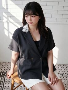 Bijouette Jaket Lengan Pendek Kancing Ganda dengan Kerah Renda Kontras untuk Wanita Ukuran Plus, Potongan Ramping, Elegan, Cocok untuk Pakaian Kerja, Kantor, Pesta Formal, Musim Gugur, Warna Putih - Grey - View 6