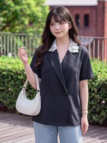 Bijouette Jaket Lengan Pendek Kancing Ganda dengan Kerah Renda Kontras untuk Wanita Ukuran Plus, Potongan Ramping, Elegan, Cocok untuk Pakaian Kerja, Kantor, Pesta Formal, Musim Gugur, Warna Putih - Grey - View 4