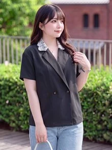 Bijouette Jaket Lengan Pendek Kancing Ganda dengan Kerah Renda Kontras untuk Wanita Ukuran Plus, Potongan Ramping, Elegan, Cocok untuk Pakaian Kerja, Kantor, Pesta Formal, Musim Gugur, Warna Putih - Grey - View 9
