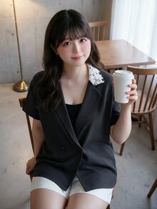 Bijouette Jaket Lengan Pendek Kancing Ganda dengan Kerah Renda Kontras untuk Wanita Ukuran Plus, Potongan Ramping, Elegan, Cocok untuk Pakaian Kerja, Kantor, Pesta Formal, Musim Gugur, Warna Putih - Grey - View 7