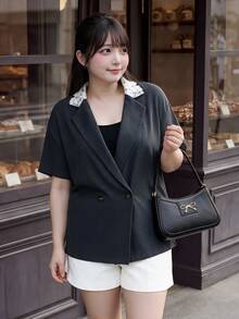 Bijouette Jaket Lengan Pendek Kancing Ganda dengan Kerah Renda Kontras untuk Wanita Ukuran Plus, Potongan Ramping, Elegan, Cocok untuk Pakaian Kerja, Kantor, Pesta Formal, Musim Gugur, Warna Putih - Grey - View 1