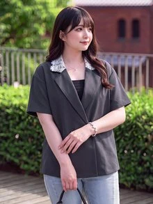 Bijouette Jaket Lengan Pendek Kancing Ganda dengan Kerah Renda Kontras untuk Wanita Ukuran Plus, Potongan Ramping, Elegan, Cocok untuk Pakaian Kerja, Kantor, Pesta Formal, Musim Gugur, Warna Putih - Grey - View 5