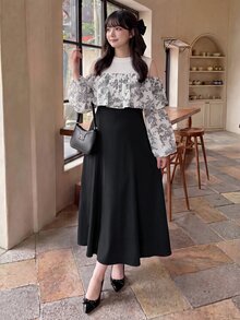 Bijouette Plus Size Autumn Elegant Colorblock Patchwork Floral Print Cold Shoulder Dress,Edition  Black And White Patchwork Ink Print Dress French Elegant Ruff - Black and White - View 1