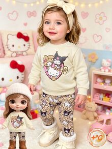 HELLO KITTY AND FRIENDS | SHEIN 女嬰卡通圖案圓領長袖衛衣與運動長褲休閒日常套裝，適合秋冬外出與日常穿著 - 彩色 - 查看 1