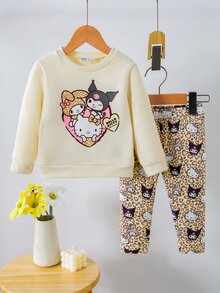 HELLO KITTY AND FRIENDS | SHEIN 女嬰卡通圖案圓領長袖衛衣與運動長褲休閒日常套裝，適合秋冬外出與日常穿著 - 彩色 - 查看 3