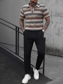 SLATEMANN Men's Polo Set Comfortable Jacquard Brown Black Short Sleeve Shirt Drawstring Elastic Waist Long Pants 2-Piece Set Casual Vintage Vacation Date Night - Multicolor - View 1