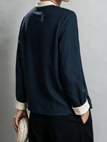EMERY ROSE New Fashion Elegant Solid Color Textured Contrast Top, Half-Open Collar Design, Frog Button Detail, Casual Daily Commute Style - Multicolor - View 2
