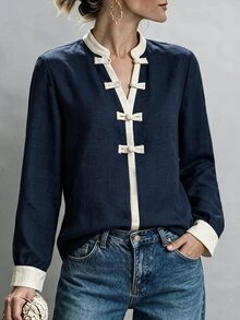 EMERY ROSE New Fashion Elegant Solid Color Textured Contrast Top, Half-Open Collar Design, Frog Button Detail, Casual Daily Commute Style - Multicolor - View 6