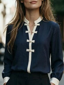 EMERY ROSE New Fashion Elegant Solid Color Textured Contrast Top, Half-Open Collar Design, Frog Button Detail, Casual Daily Commute Style - Multicolor - View 1