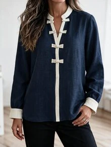 EMERY ROSE New Fashion Elegant Solid Color Textured Contrast Top, Half-Open Collar Design, Frog Button Detail, Casual Daily Commute Style - Multicolor - View 3