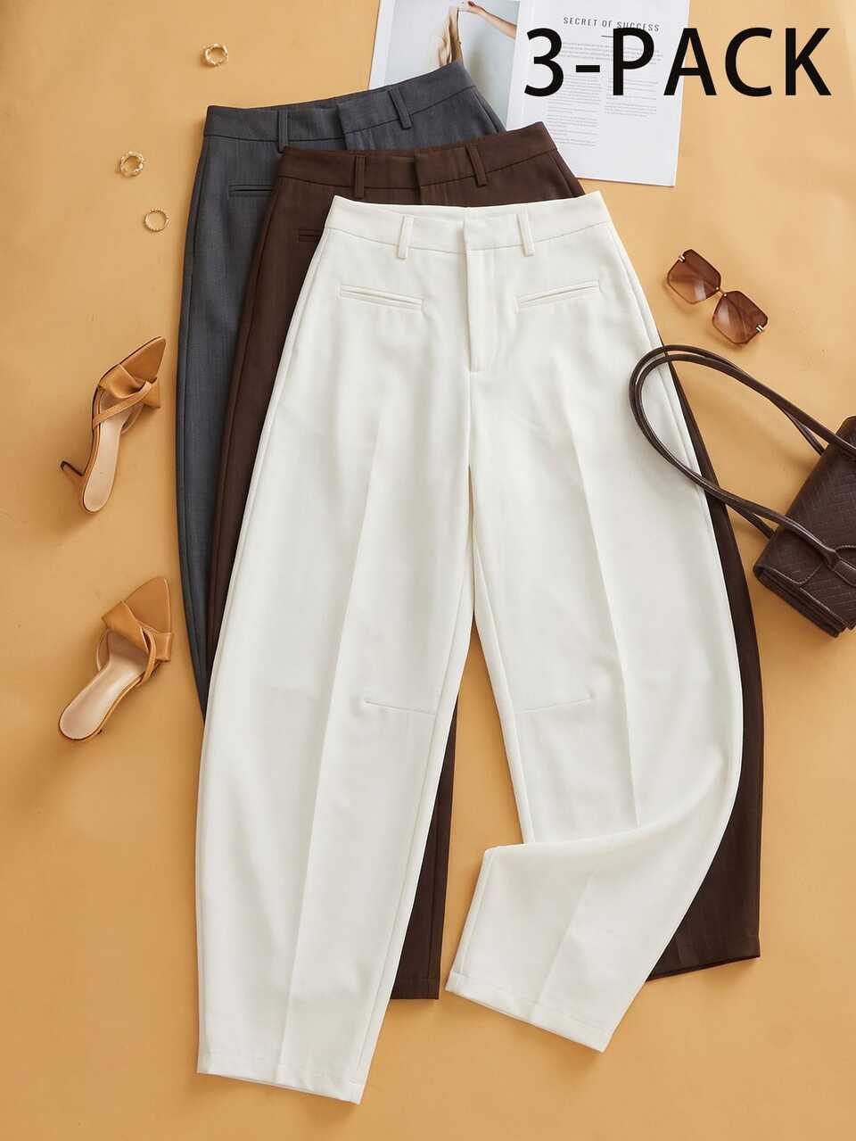 Anewsta Autumn Elegant Minimalist Commute Outfits, Elastic Waist High Waist Curved Leg Pants, Grey, White, Brown 3 Pieces Set Women's Long Pants, Suitable For Commute, Date, Daily Wear