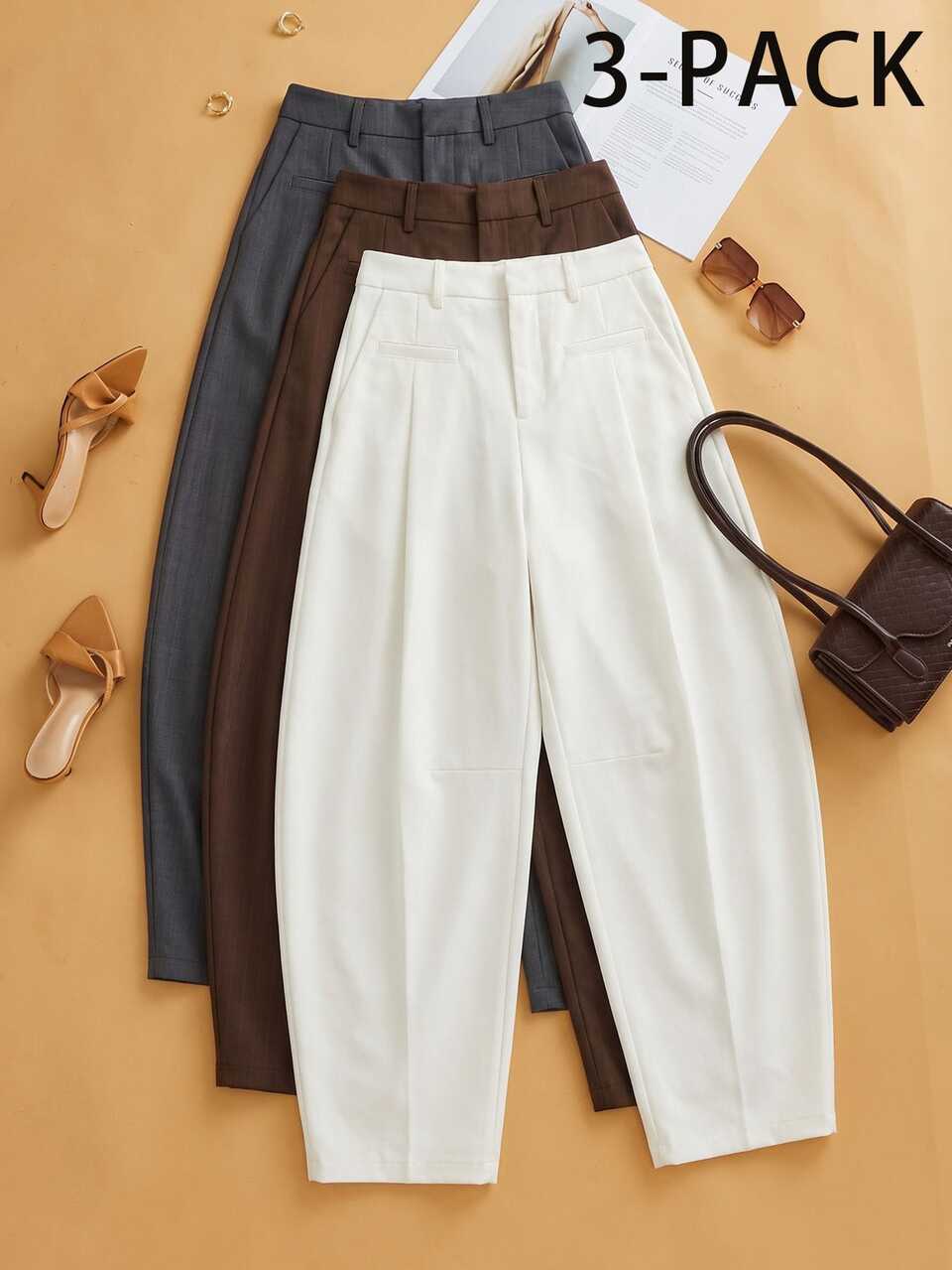 Anewsta Autumn Elegant Minimalist Commute Outfits, Elastic Waist High Waist Curved Leg Pants, Grey, White, Brown 3 Pieces Set Women's Long Pants, Suitable For Commute, Date, Daily Wear