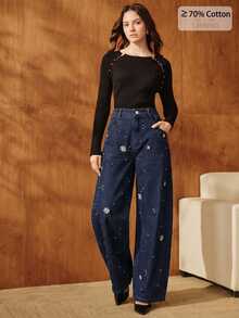 Anewsta Women's Spring/Autumn Design Rhinestone Studded Curved Leg Denim Jeans - Blue - View 6