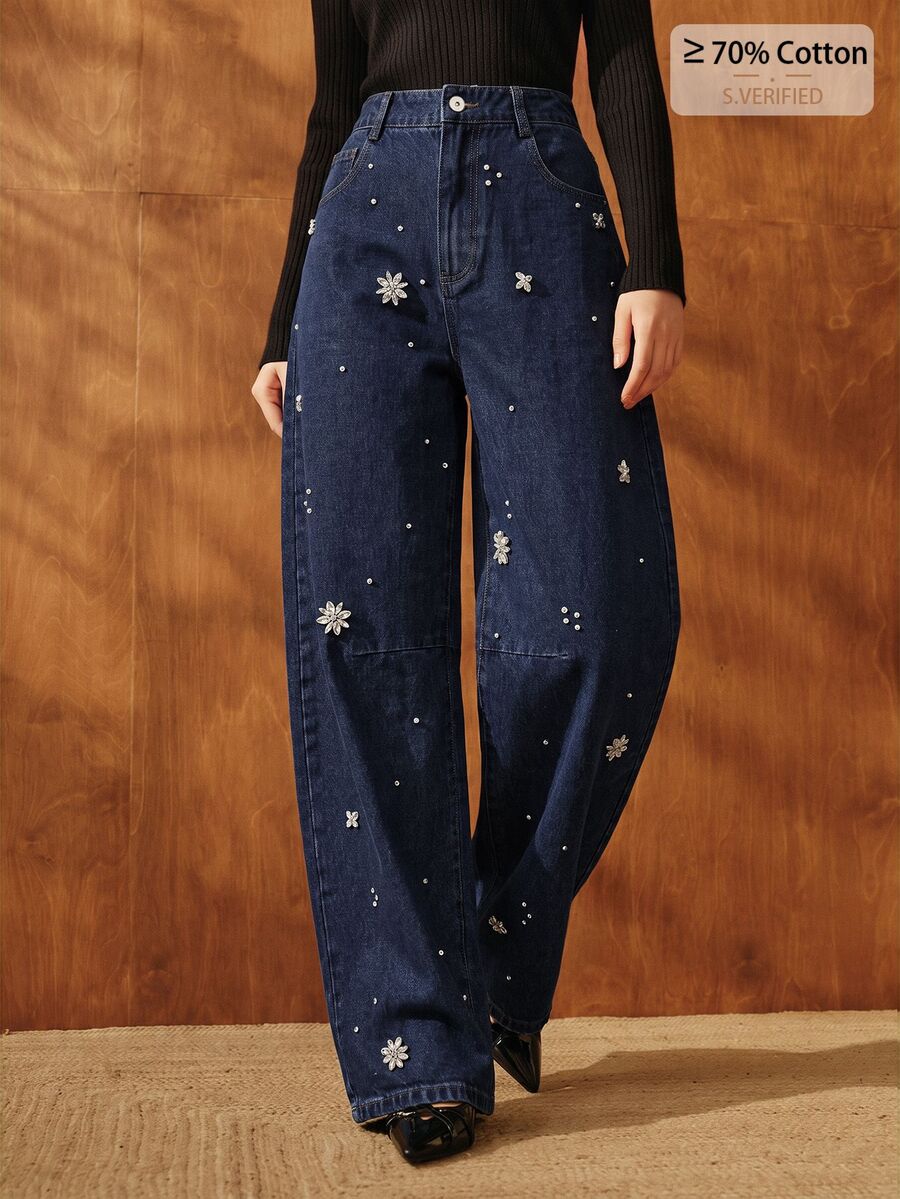 Anewsta Women's Spring/Autumn Design Rhinestone Studded Curved Leg Denim Jeans - Blue - View 1