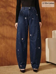 Anewsta Women's Spring/Autumn Design Rhinestone Studded Curved Leg Denim Jeans - Blue - View 5