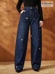 Anewsta Women's Spring/Autumn Design Rhinestone Studded Curved Leg Denim Jeans - Blue - View 4