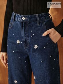 Anewsta Women's Spring/Autumn Design Rhinestone Studded Curved Leg Denim Jeans - Blue - View 2