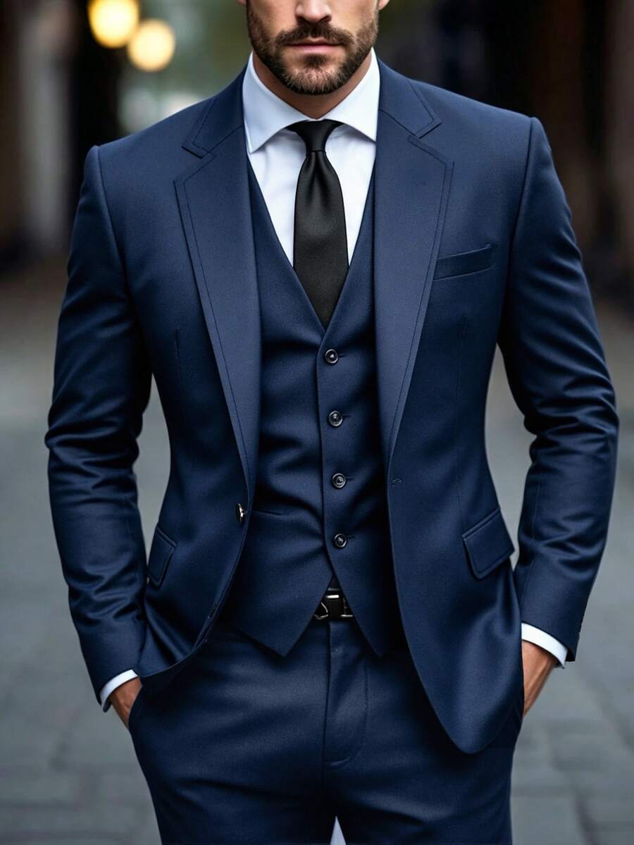 Calvornis Business Style Single Button Men's Suit Jacket - Navy Blue - View 1