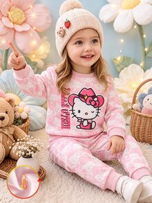 HELLO KITTY AND FRIENDS | SHEIN 1套女嬰甜美粉色全圖案圓領抓絨運動衫與慢跑褲，秋冬休閒穿著 - 彩色 - 查看 8