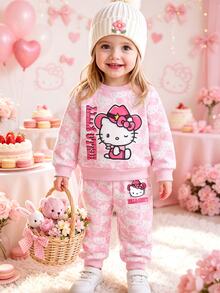 HELLO KITTY AND FRIENDS | SHEIN 1套女嬰甜美粉色全圖案圓領抓絨運動衫與慢跑褲，秋冬休閒穿著 - 彩色 - 查看 1