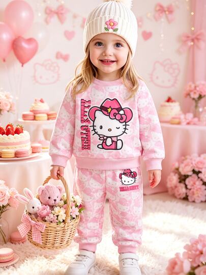 HELLO KITTY AND FRIENDS | SHEIN 1 Set Baby Girl Sweet Pink All-Over Theme Crew Neck Fleece Sweatshirt And Jogger Pants, Casual Wear For Autumn/Winter