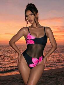 Swim SXY 女款春夏秋海灘度假休閒優雅海邊溫泉時尚新款性感修身花卉數位印花網布拼接高腰連身泳衣 - 黑色 - 查看 5