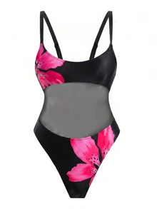 Swim SXY 女款春夏秋海灘度假休閒優雅海邊溫泉時尚新款性感修身花卉數位印花網布拼接高腰連身泳衣 - 黑色 - 查看 8