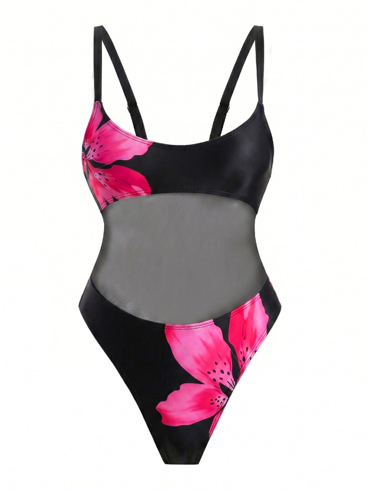 Swim SXY Women's Spring Summer Autumn Beach Vacation Casual Elegant Seaside Hot Spring Fashion New Sexy Slim Fit Floral Digital Print Mesh Patchwork High Waist One-Piece Swimsuit - Black - View 7