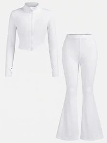SHEIN Girlism NovaGlow 青少年女孩運動休閒日常針織素色夾克與喇叭長褲套裝 - 白色 - 查看 2