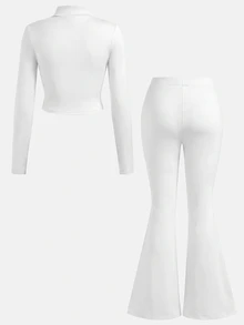 SHEIN Girlism NovaGlow 青少年女孩運動休閒日常針織素色夾克與喇叭長褲套裝 - 白色 - 查看 3
