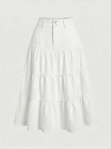 SHEIN MOD Plus Size Versatile Soft Style Button Ruffle Hem Denim Skirt - White - View 1