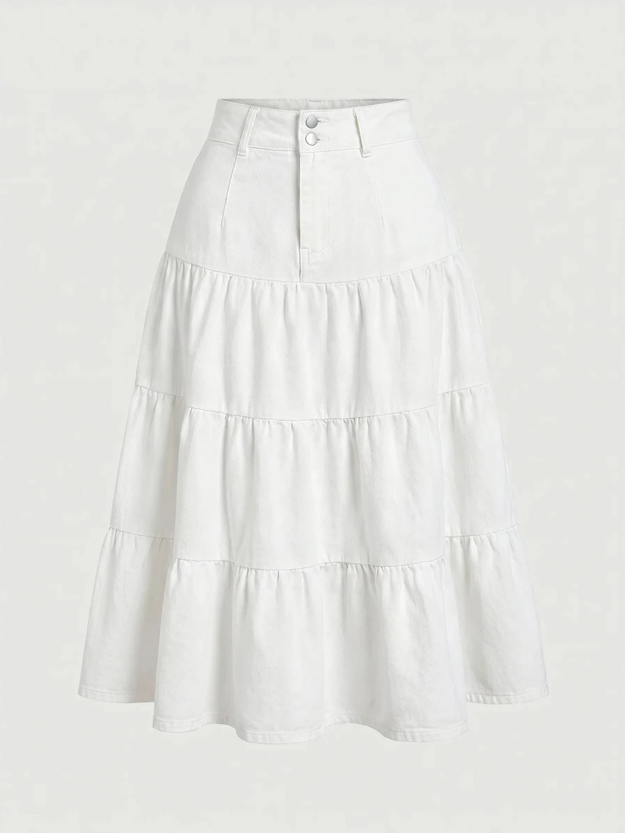 SHEIN MOD Plus Size Versatile Soft Style Button Ruffle Hem Denim Skirt - White - View 1