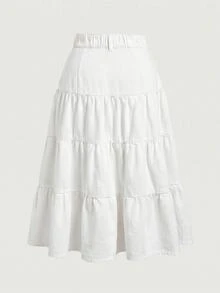 SHEIN MOD Plus Size Versatile Soft Style Button Ruffle Hem Denim Skirt - White - View 2