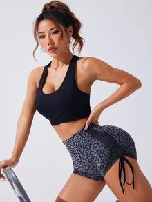 Slayform Slayform Women's Leopard Print Side Drawstring High Waist Slim Fit Sports Shorts - Multicolor - View 4