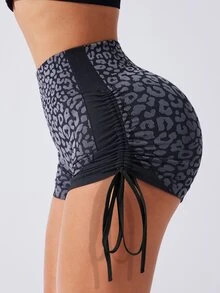 Slayform Slayform Women's Leopard Print Side Drawstring High Waist Slim Fit Sports Shorts - Multicolor - View 5
