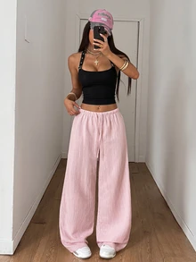 StreetHx Petite Pantalones de pierna recta de tela texturizada para mujer, ropa de verano y otoño para mujer, para mujeres de talla pequeña - Rosa - Ver 6