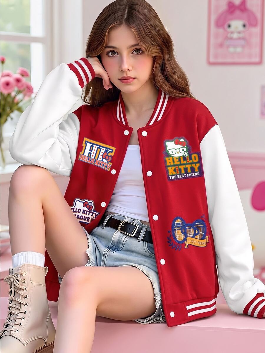 HELLO KITTY AND FRIENDS | SHEIN 1件女孩主題印花拼色長袖夾克,適合秋冬外出與購物休閒穿搭 - 彩色 - 查看 1