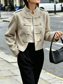 SHEIN Women's Vintage Small Stand Collar Metal Button Decor Long Sleeve Jacket, Business Office - Light Grey - View 8