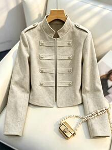 SHEIN Women's Vintage Small Stand Collar Metal Button Decor Long Sleeve Jacket, Business Office - Light Grey - View 4