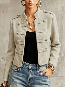 SHEIN Women's Vintage Small Stand Collar Metal Button Decor Long Sleeve Jacket, Business Office - Light Grey - View 5