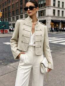 SHEIN Women's Vintage Small Stand Collar Metal Button Decor Long Sleeve Jacket, Business Office - Light Grey - View 2