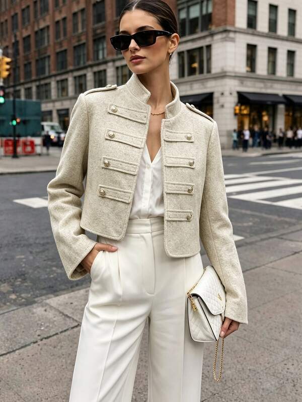 SHEIN Women's Vintage Small Stand Collar Metal Button Decor Long Sleeve Jacket, Business Office