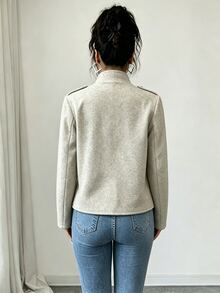 SHEIN Women's Vintage Small Stand Collar Metal Button Decor Long Sleeve Jacket, Business Office - Light Grey - View 6