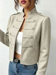 SHEIN Women's Vintage Small Stand Collar Metal Button Decor Long Sleeve Jacket, Business Office - Light Grey - View 3