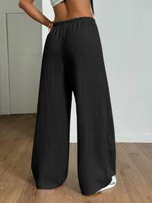 StreetHx Petite Women's Summer Textured Straight Leg Pants ,Petite Women - Black - View 2
