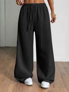 StreetHx Petite Women's Summer Textured Straight Leg Pants ,Petite Women - Black - View 3