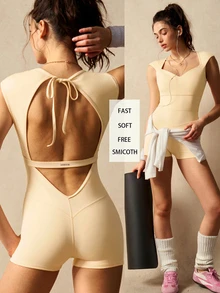 VARSIVA Women's Minimalist Solid Color Keyhole Neck Backless Twist Bodycon Sports Romper - Yellow - View 2