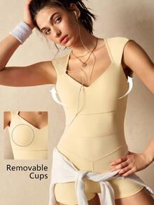 VARSIVA Women's Minimalist Solid Color Keyhole Neck Backless Twist Bodycon Sports Romper - Yellow - View 3
