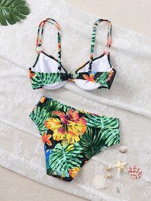 Swim Lushoire Tropical Print Soft Cup Bikini Set, Beach Vacation For Summer - Multicolor - View 4