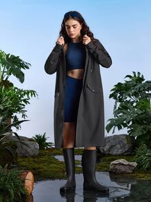 In My Nature Women's Minimalist Letter Print Waterproof Drawstring Hooded Outdoor Rain Jacket - Black - View 5
